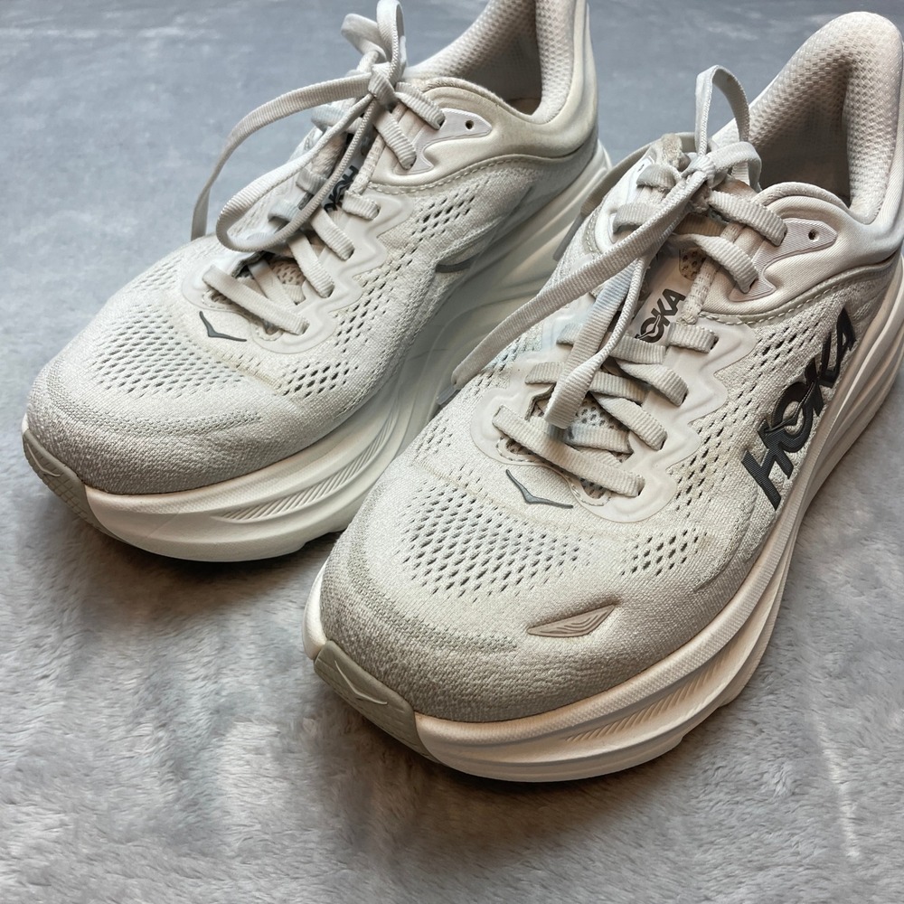 Hoka Womens Bondi 9 Running Shoes Size 8.5EE Wide White Gray Athletic Sneakers